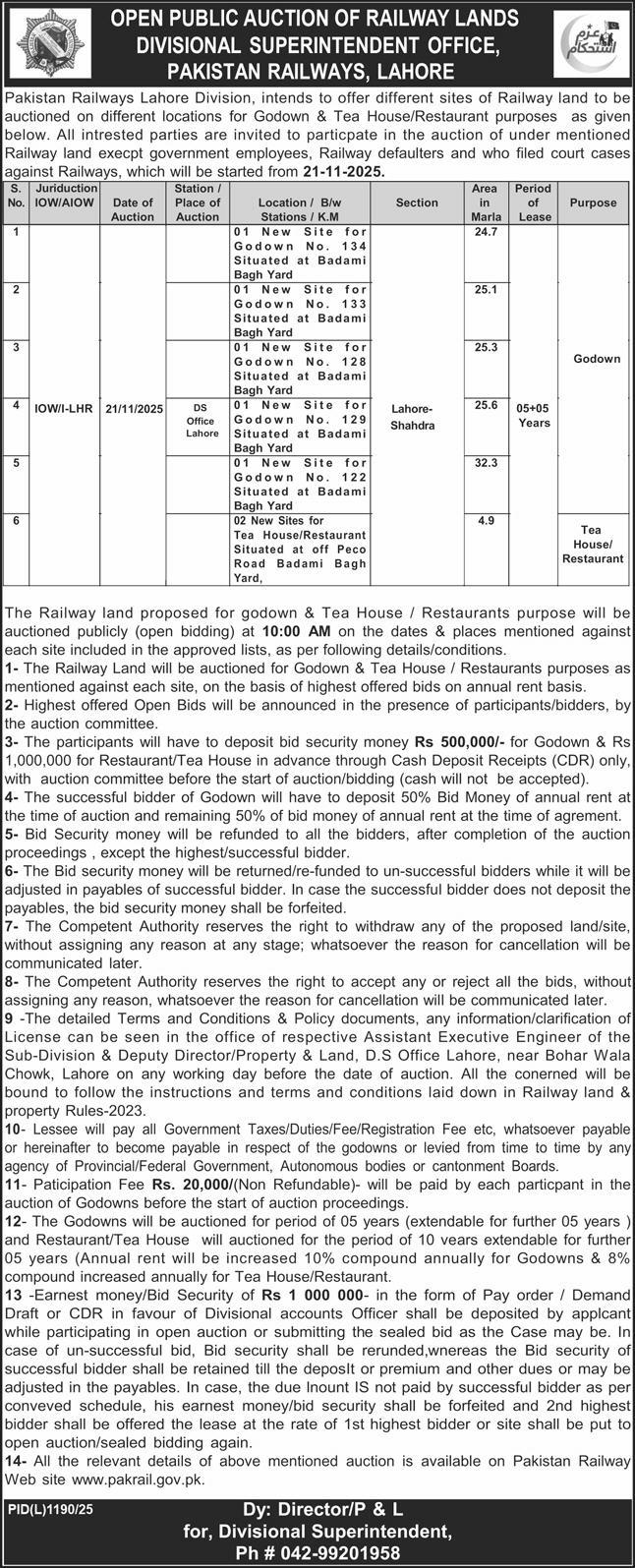 Pakistan Railways Lahore Tender Notice